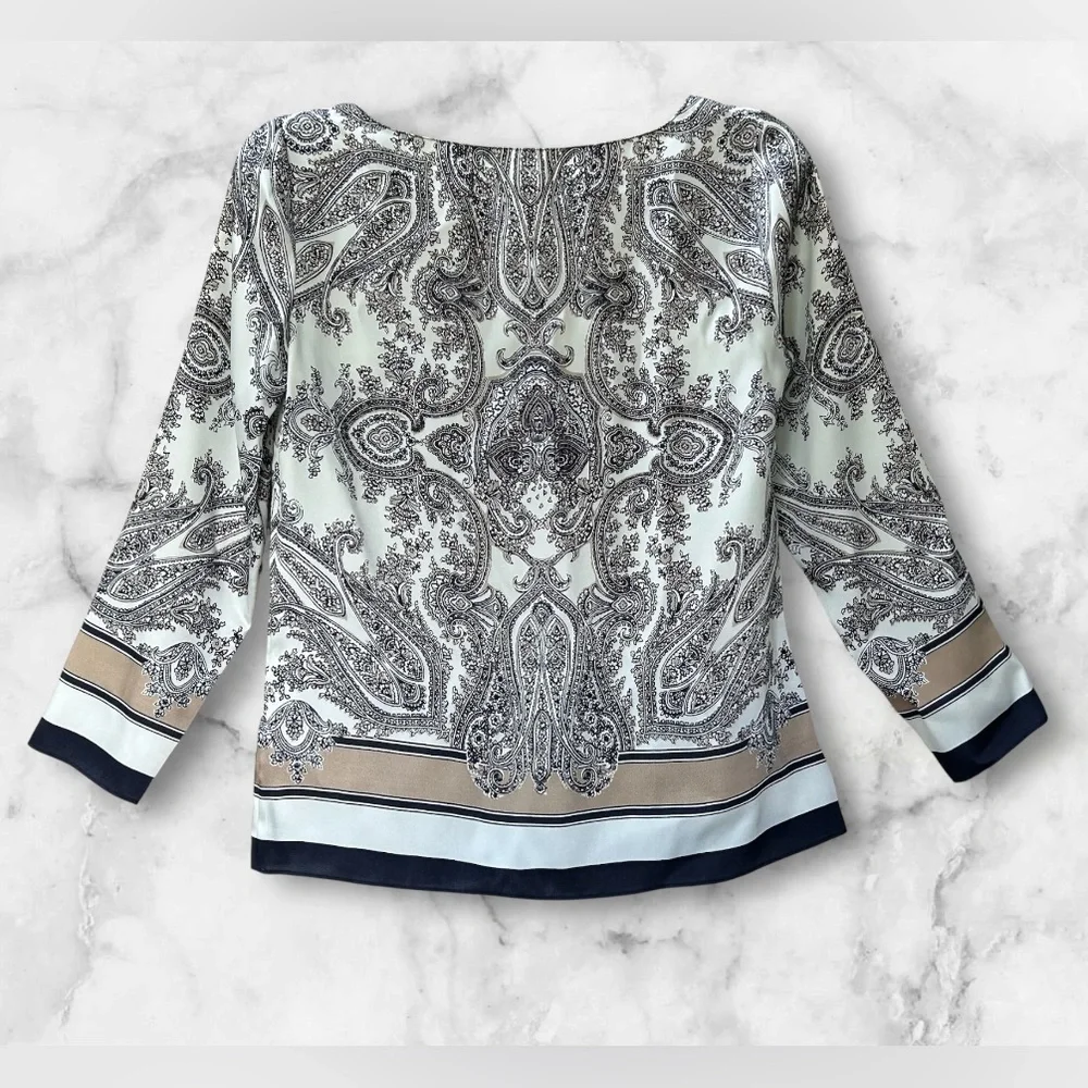 Talbots Silky Black White Tan Paisley Boho Floral Print Blouse Top Size 2P - Picture 3 of 8